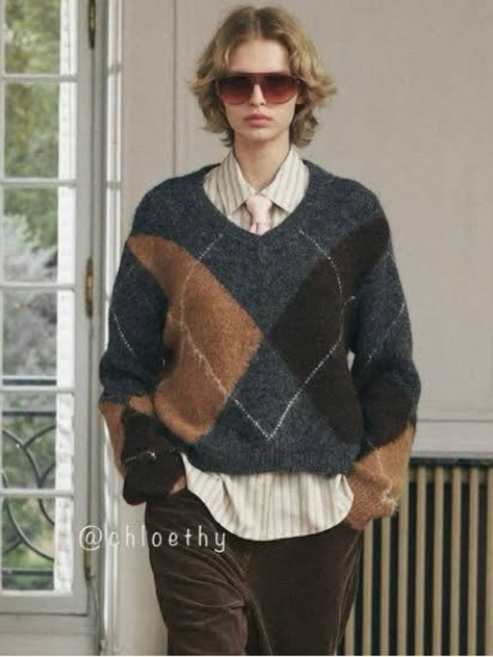 NWOT 🌻Zara Argyle Crewneck Sweater in Gray, Brown & Tan🌻
